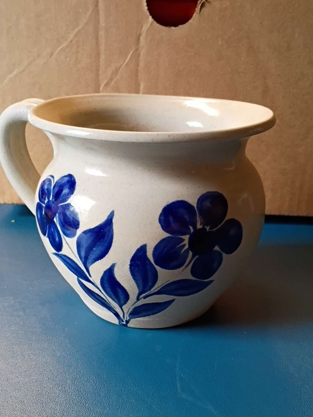 Vintage Blue Floral Salt Glazed Pottery Pitcher